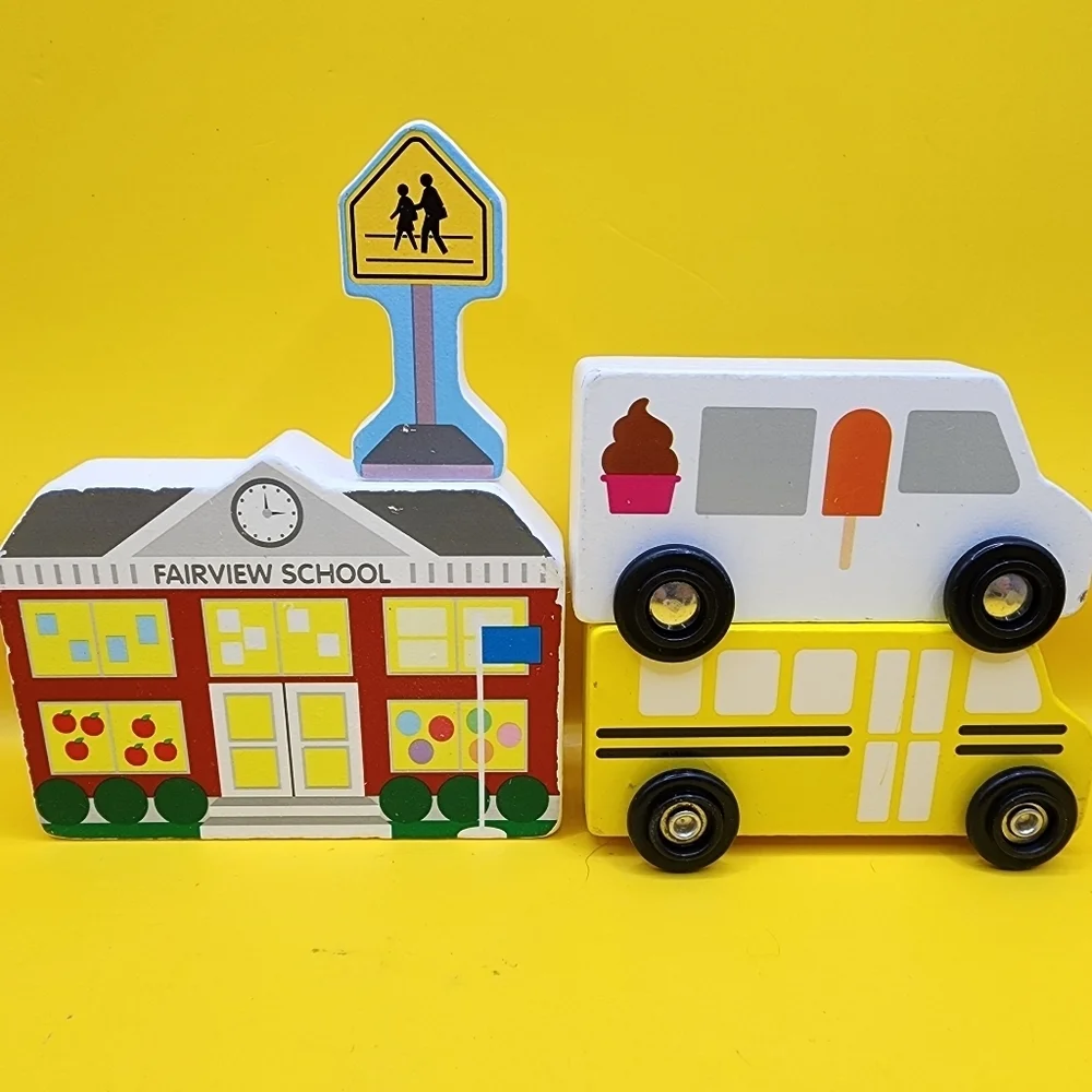Melissa & Doug Wooden Town School Ice Cream Truck School Bus Sign